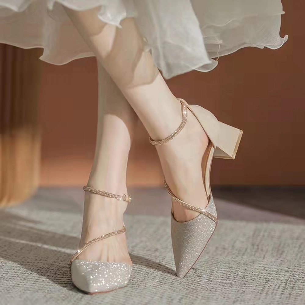 Women Shiny Crystal High Heels Pumps Shoes 2023 Summer Ankle Straps Thick Heeled Sandal Woman Pointed Toe Party Dress Shoes Women Shiny Crystal High Heels Pumps Shoes 2023 Summer Ankle Straps Thick Heeled Sandal Woman Pointed Toe Party Dress Shoes