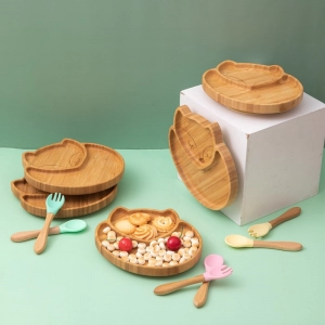 4pcs Children's Tableware Suction Plate Bowl Baby Dishes Baby Feeding Dishes Spoon Fork Sets Bamboo Plate for Kids Tableware